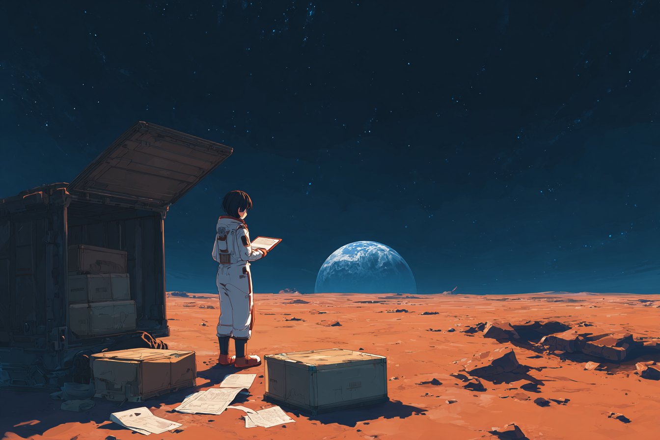 Astronaut reading on Mars with Earth on the horizon